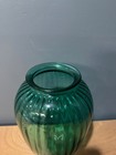 Vintage Anchor Hocking Teal Blue green Tall Ribbed Art Deco Glass Vase 12 5 