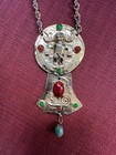 Vintage Mayan-inspired Big Figural Glass Cabochons 5    Pendant Necklace Gold Tone
