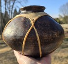 Vtg Pottery Vessel Native American Tarahumara Clay   Rawhide Handcrafted Mexico