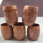 Vintage Hand Carved Wooden Cup Suns Design Floral 3 75  Wood Carving Pair