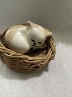 Vtg  1970s Porcelain White Sleeping Cat Kitten In Tan Basket Miniature Trinket 