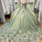 Sage Green Quinceanera Dresses Off Shoulder Lace 3d Flowers Ball Gowns Sweet 16