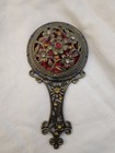Vintage Style Jeweled Hand Mirror Comb Set Ornate Metal Filigree Rhinestone Box