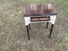 Vintage Sewing Cabinet Makeover Into Beige And Brown Colored Accent Table