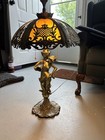 Antique Art Nouveau Lady Table Lamps With Ornate Metal Shades Pair 