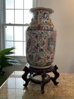 19th C  Chinese Famille Rose Imperial Figures Porcelain Vase W wood Stand 21    T