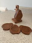 Vintage Mcm Wooden Pear Shaped Cork Coasters Set Of 6 With Holder
