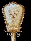 Ornate Vintage Green Velvet Botanical Motif Beaded Vanity Hand Mirror 1940s
