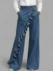 Women s Black Blue Denim Jeans Straight Leg Casual Pants Ruffle Decor Pants Punk