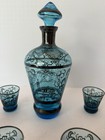 Vintage Venetian Blue Glass Decanter Set 6 Cordial Glasses Silver Overlay Venice
