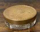 Victorian Art Deco Glass Trinket Box Brass Embossed Lid Vanity Powder Jar 