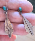 Southwestern Sterling Silver Post Feather Earrings With Turquoise 