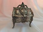 Vintage Ornate Metal Dresser Jewelry Casket Box Velvet Red Lining  Silverplated 