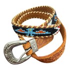Vintage 1970   s Brown Leather  Native American Beaded Belt  38    Long