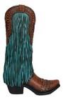 Rustic Western Country Faux Leather Cowgirl Boot Vase W  Turquoise Frill Fringe