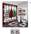 4pcs Merry Christmas Tree Shower Curtain Sets Red With Rug Toilet Lid Cover And