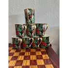 Fitz And Floyd Holiday Pine Bone China Mugs Set Of 8 Gold Trim Black Christmas