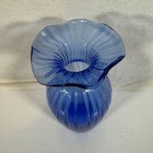 Vintage Blue Ribbed Glass Vase Ruffled Fluted Rim Optical Swirl 7 75 