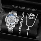 Men s Quartz Watch Stainless Steel Band Analog Man Bracelet Necklace Ring Set