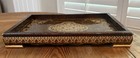 Vintage Asian Lacquer Serving Tray Gold Floral Faux Burlwood Hollywood Regency 