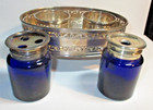 Vintage Silver Plate Double Inkwell W Lids On Tray Cobalt Blue Glass Inkwells