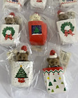 Vintage Fuzzy Flocked Teddy Bear In Christmas Bag Miniature Lot Of 8
