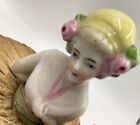 Vintage Porcelain  Ceramic   Cloth Half Doll Lady Pin Cushion Figurine W Rose