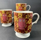 Set Of 3 - Vintage Owl Flowers Small Retro Floral Footed Cups Boho Home Decor