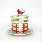 Plaid Cardinal Holly Berry Coffee Tea Mug Cup Lid   Saucer Christmas Holiday