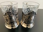 Set Of 2  Soviet Russian Vintage Podstakannik Tea Glass Holder With Crystal Glas