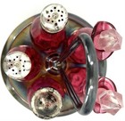 Cranberry Glass Condiment Caddy Cruet Castor Set Silverplate 5 Bottles - Meriden