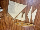 36    Vintage Wooden Yacht Model Ship Sailboat  hull Sails Rigging Read Des