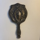 Antique Pewter Round Hand Mirror With Floral Design