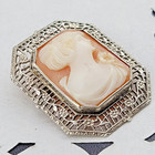 Antique Little 1      Hand Carved Woman 10k White Gold Filigree Frame Brooch Pin