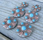 Saddle Set Feathered Turquoise Concho Screw Back Copper Feathers 1  1-1 2 