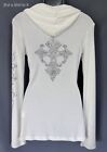 New Vocal Womens Pink Crystal Ivory White Cross Shirt Hoodie Light Sweater M L