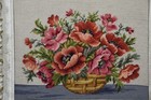 Vintage Needlepoint Framed Red Poppies In Basket Shabby Chic Flowers Country