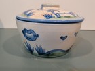Vintage M a  Hadley Pottery Covered Casserole Dish Blue Pig Cow Design - Used