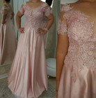 Plus Size Mother Of The Bride Dress Satin Scoop Neck Short Sleeves Beaded Prom