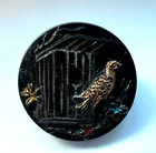 Antique Black Glass Button W gold Luster   Painting  bird   Bird Cage  18mm a1