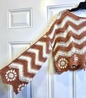 Crochet Bell Sleeve Sweater Womens S M Rust Brown Cream Hippie Flower Boutique