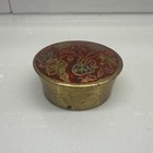 Vintage Indian Brass Trinket Box Enamel Floral Lid Small Round Keepsake