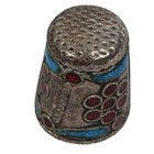 Antique 935 Silver Thimble Turquoise Red Enamel Floral Filigree Vintage 5g