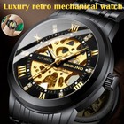 Luxury Men s Stainless Steel Gold Tone Skeleton Automatic Mechanical Wrist Watch