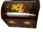 Vintage Hand Painted Floral Wooden Jewelry Box treasure Chest Trunk Velvet Lined