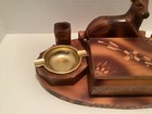 Vtg German Wooden Ashtrays Hand Craved Deer With Tobacco Storage Box