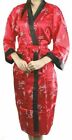Unisex Satin Kimono Bath Robe Red   Black Trim Phoenix Bird Floral Prints Yukata