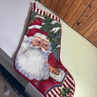 Vintage Santa Claus And Cardinal Bird Wool Needlepoint Christmas Stocking With R