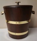 Vintage 1960s Vermillion Walnut Wood Ice Bucket Brass Bands Mcm Barrel Barware 