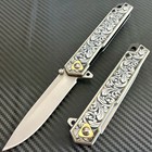 9    Black Flower Engraved Edc Tactical Spring Assisted Open Folding Pocket Knife